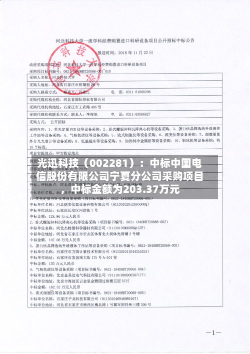 光迅科技（002281）：中标中国电信股份有限公司宁夏分公司采购项目，中标金额为203.37万元-第2张图片